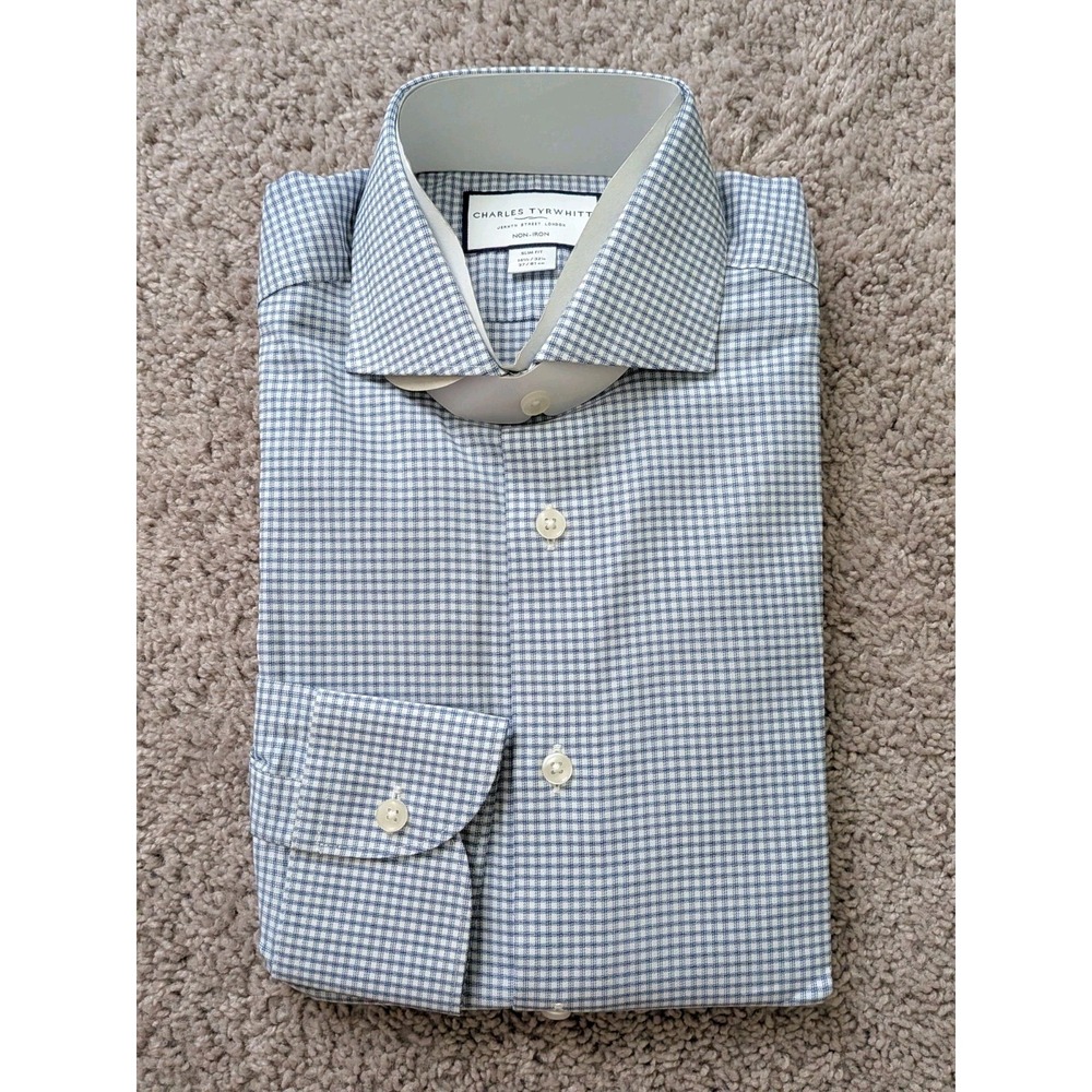 Charles Tyrwhitt Shirt 14.5/32 Button Up Indigo Blue Check Non Iron Slim Fit NWT